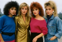 80s Fashion Women — The Ultimate Guide to Bold Style Four women in iconic 80s fashion outfits: neon sweater, gold power blazer, denim jacket, and bold accessories, representing 80s women fashion style.