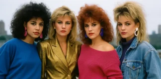 80s Fashion Women — The Ultimate Guide to Bold Style Four women in iconic 80s fashion outfits: neon sweater, gold power blazer, denim jacket, and bold accessories, representing 80s women fashion style.