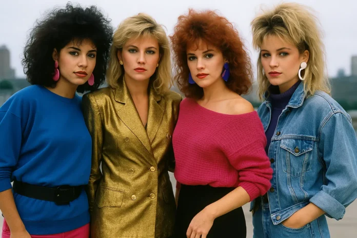 Four women in iconic 80s fashion outfits: neon sweater, gold power blazer, denim jacket, and bold accessories, representing 80s women fashion style.