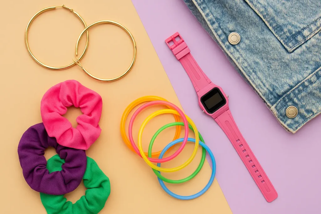 Close-up of 80s women accessories including neon scrunchies, jelly bracelets, oversized hoop earrings, pink digital watch, and acid wash denim jacket.