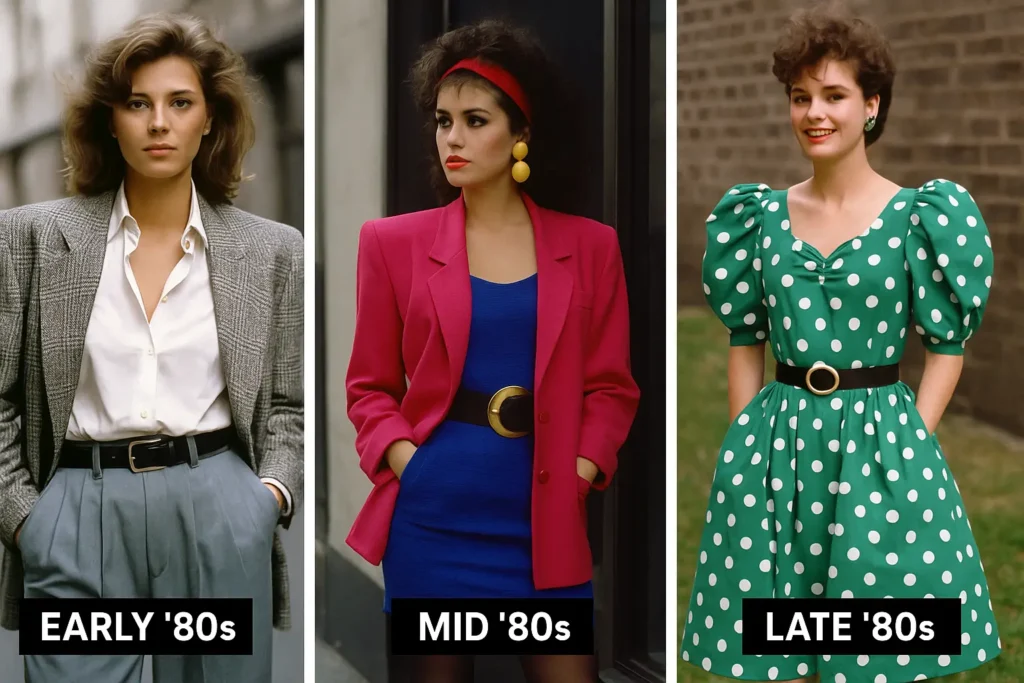 Fashion evolution of 80s women: early earthy blazers and jeans, mid 80s aerobics-inspired neon outfits, late 80s puff-sleeve dresses and bold accessories.