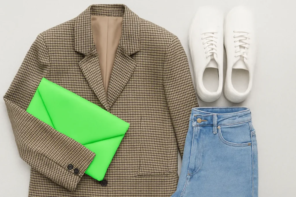 Flat lay of modern remix of 80s women fashion: oversized blazer with shoulder pads, neon clutch, white sneakers, and acid wash jeans.