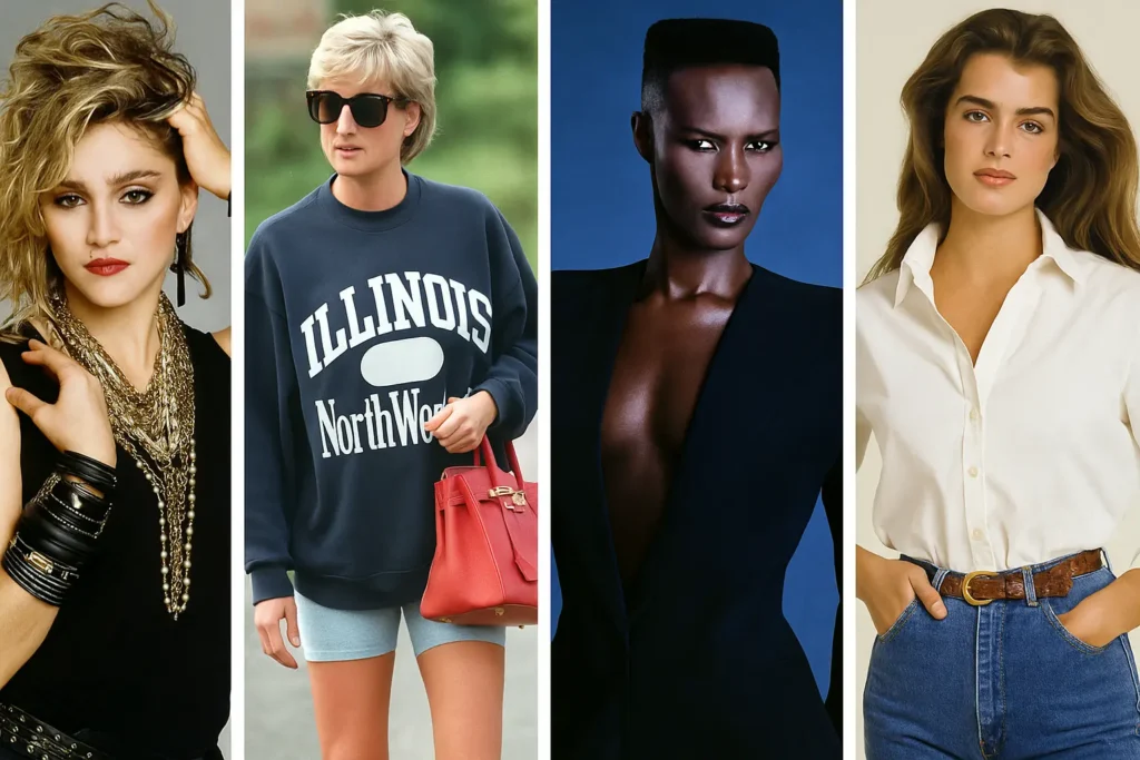 Collage of 80s women fashion icons: Madonna in lace and jewelry, Princess Diana in casual blazer look, Grace Jones in sharp power suit, Brooke Shields in denim jeans.