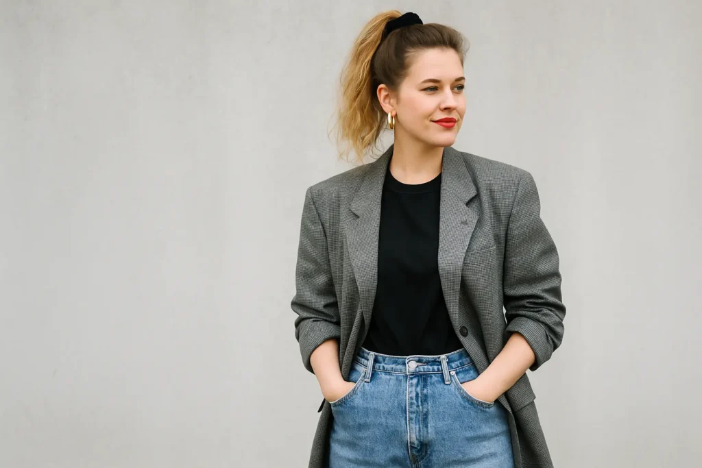 Modern woman in oversized blazer with scrunchie ponytail, high-waisted acid wash jeans, and gold hoops — modern revival of 80s women fashion.
